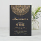 LUXE BLACK GOLD CLASSIC ORNATE MANDALA QUINCEANERA INVITATION (Standing Front)