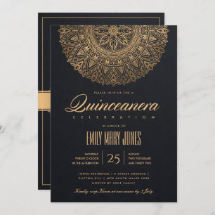 LUXE BLACK GOLD CLASSIC ORNATE MANDALA QUINCEANERA INVITATION