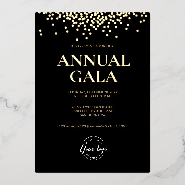 Luxe Black Gold Confetti Company Logo Annual Gala  Foil Holiday Card (Front)