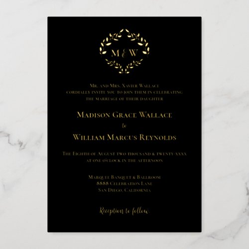 Luxe Black Gold Elegant Wreath Monogram Wedding Foil Holiday Card