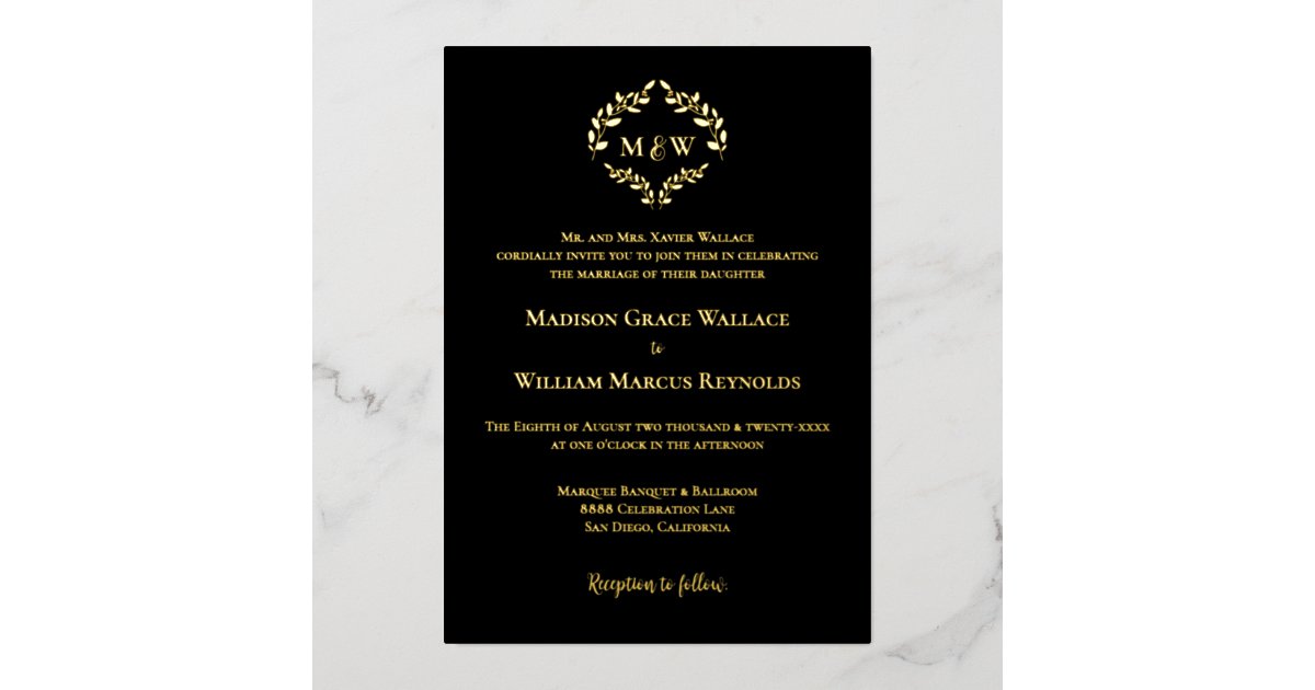 Luxe Black Gold Elegant Wreath Monogram Wedding Foil Holiday Card | Zazzle