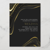Luxe Black & Gold Liquid Marble Birthday Party Foil Invitation (Front)
