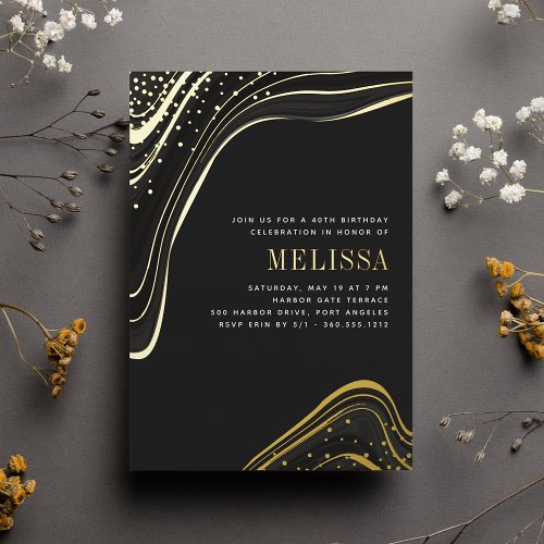 Luxe Black  Gold Liquid Marble Birthday Party Foil Invitation