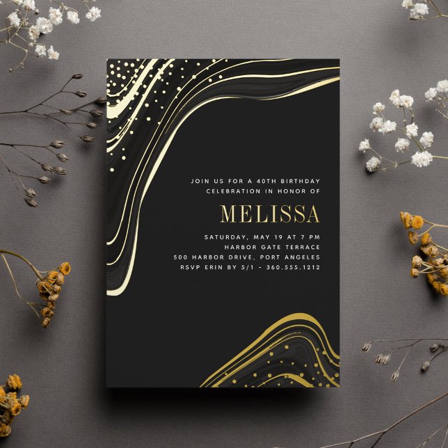 Luxe Black & Gold Liquid Marble Birthday Party Foil Invitation
