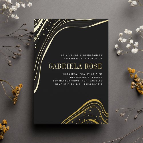 Luxe Black  Gold Liquid Marble Quinceanera Foil Invitation