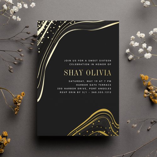 Luxe Black  Gold Liquid Marble Sweet Sixteen Foil Invitation