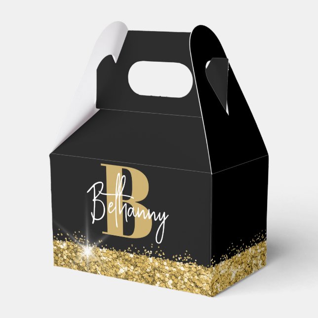 Luxe Black Gold Monogram Initial Name Favor Boxes (Front Side)