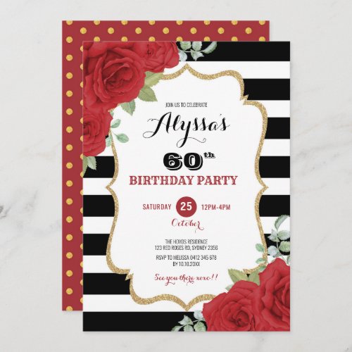 Luxe Black Gold Red Roses Adult Woman Birthday Invitation