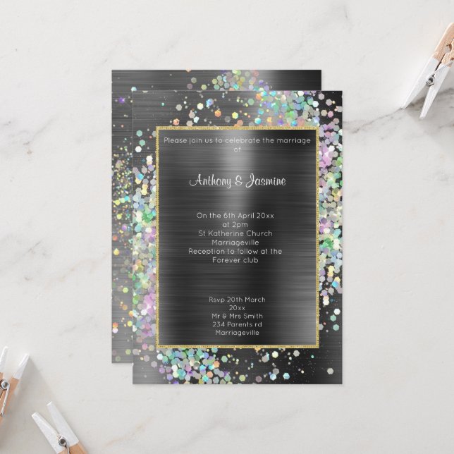 LUXE BLACK METALLIC HOLOGRAPHIC PASTEL WEDDING INVITATION (Front/Back In Situ)