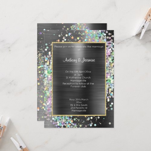 LUXE BLACK METALLIC HOLOGRAPHIC PASTEL WEDDING INVITATION