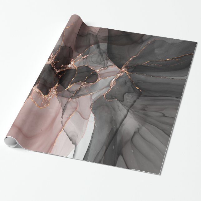 LUXE BLACK PINK FLOATING ROSE WRAPPING PAPER  (Unrolled)