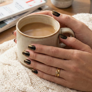 Luxe Black Shimmer Design - Dark Gold Glitter Minx Nail Art
