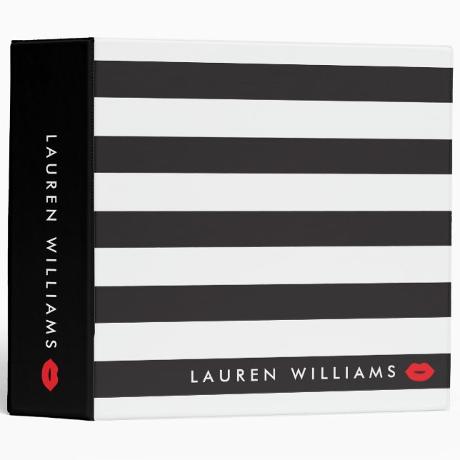 Luxe Black/White Stripes Red Lips Makeup Artist Binder (Front/Spine)
