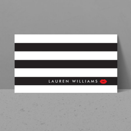 Luxe Black/white Stripes Red Lips Makeup Artist Business Card