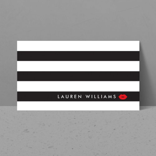 Luxe BlackWhite Stripes Red Lips Makeup Artist Business Card