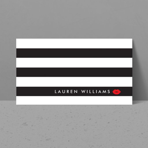 Customizable Luxe Black/White Stripes Red Lips Makeup Artist Double-Sided Standard Business Cards (Pack Of 100)