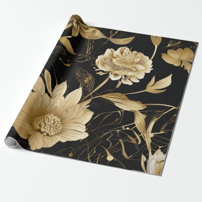 Luxe Blooms: Black & Gold Elegance Wrapping Paper (Unrolled)