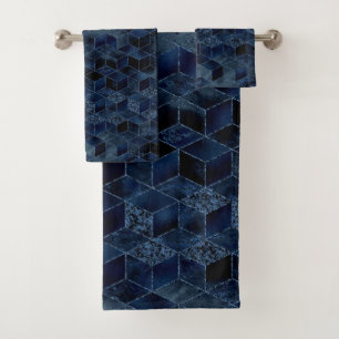 LUXE BLUE GEOMETRIC BLOCK DESIGN BATHROOM TOWEL