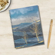 Luxe Blue Gold Mountains Trees Birds Sky Landscape