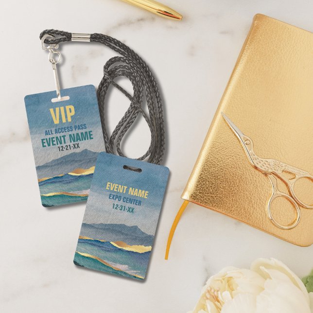 Luxe Blue Gold Teal Landscape VIP All Access Pass Badge (Creator Uploaded)