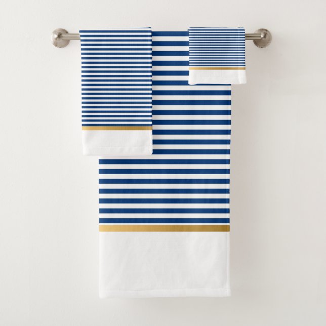 LUXE BLUE WHITE STRIPE GOLD BATHROOM TOWEL SET (Insitu)