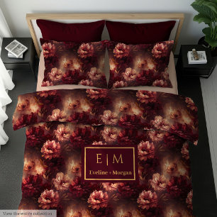 Luxe Blush Burgundy Gold Floral Boho Watercolor   Duvet Cover