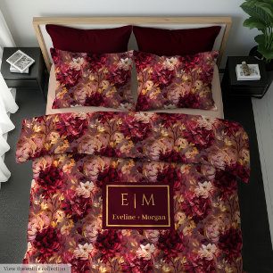 Luxe Blush Burgundy Gold Floral Boho Watercolor  Duvet Cover