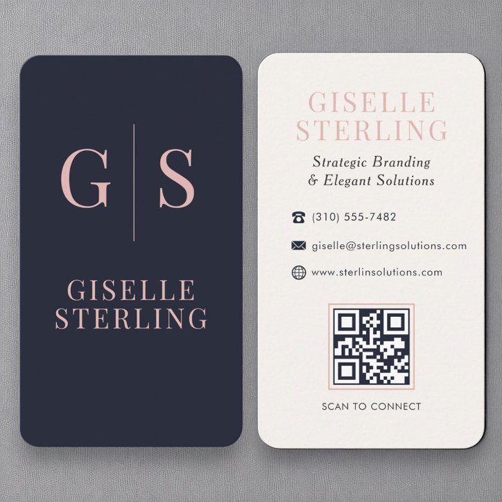 Luxe Blush Pink Monogram Navy Blue QR Code Business Card