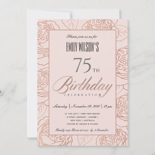 LUXE BLUSH PINK ROSE GOLD FLORAL ANY AGE BIRTHDAY INVITATION