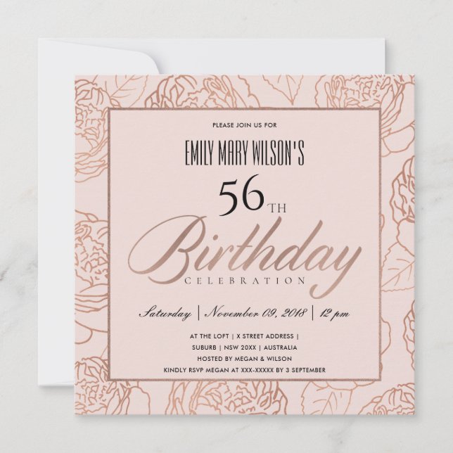 LUXE BLUSH PINK ROSE GOLD FLORAL ANY AGE BIRTHDAY INVITATION (Front)