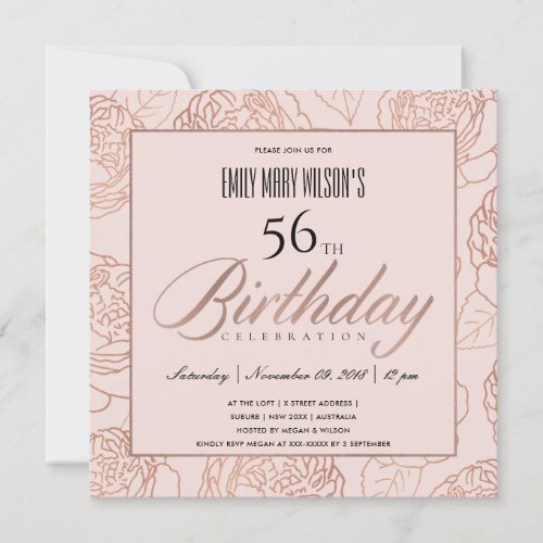 LUXE BLUSH PINK ROSE GOLD FLORAL ANY AGE BIRTHDAY INVITATION