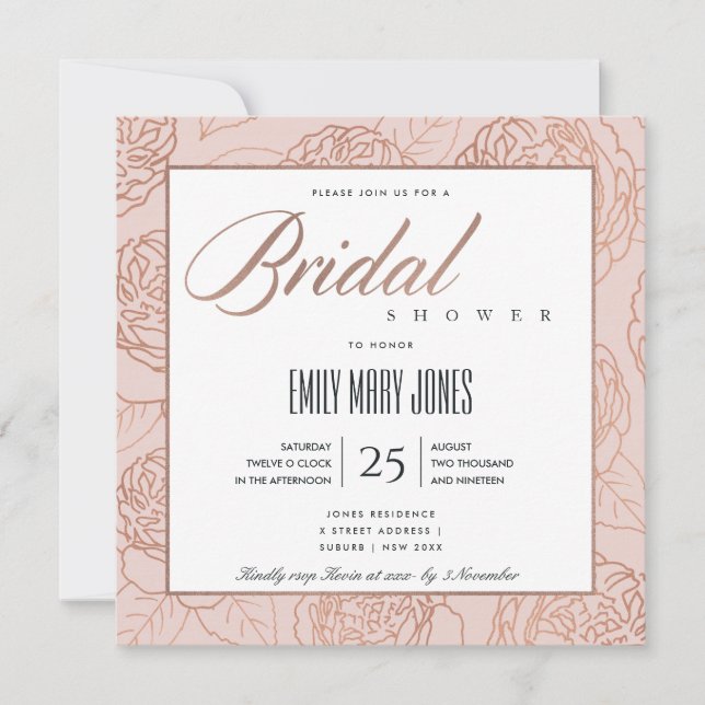 LUXE BLUSH PINK ROSE GOLD FLORAL BRIDAL SHOWER INVITATION (Front)