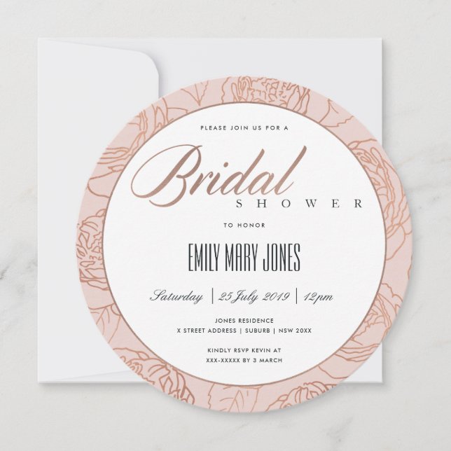 LUXE BLUSH PINK ROSE GOLD FLORAL BRIDAL SHOWER INVITATION (Front)