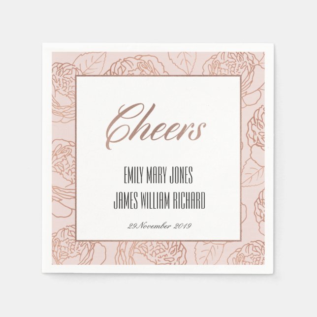 LUXE BLUSH PINK ROSE GOLD FLORAL CHEERS WEDDING NAPKINS (Front)