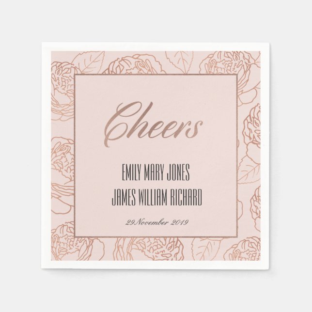 LUXE BLUSH PINK ROSE GOLD FLORAL CHEERS WEDDING NAPKINS (Front)