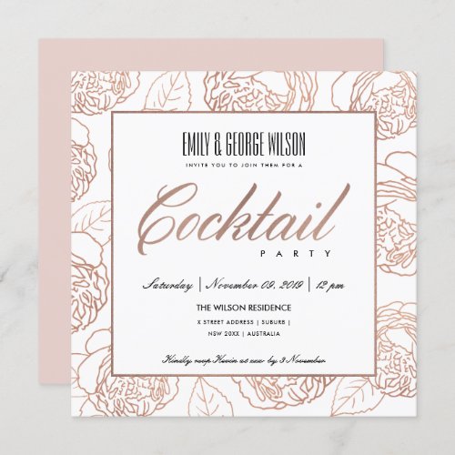 LUXE BLUSH PINK ROSE GOLD FLORAL COCKTAIL PARTY INVITATION