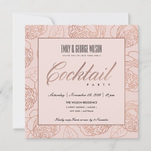 LUXE BLUSH PINK ROSE GOLD FLORAL COCKTAIL PARTY INVITATION