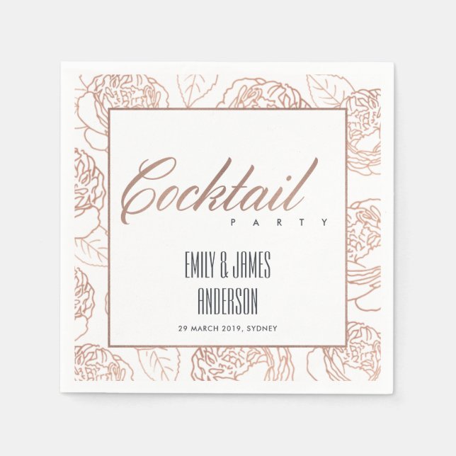 LUXE BLUSH PINK ROSE GOLD FLORAL COCKTAIL PARTY NAPKINS (Front)