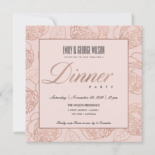 LUXE BLUSH PINK ROSE GOLD FLORAL DINNER PARTY INVITATION