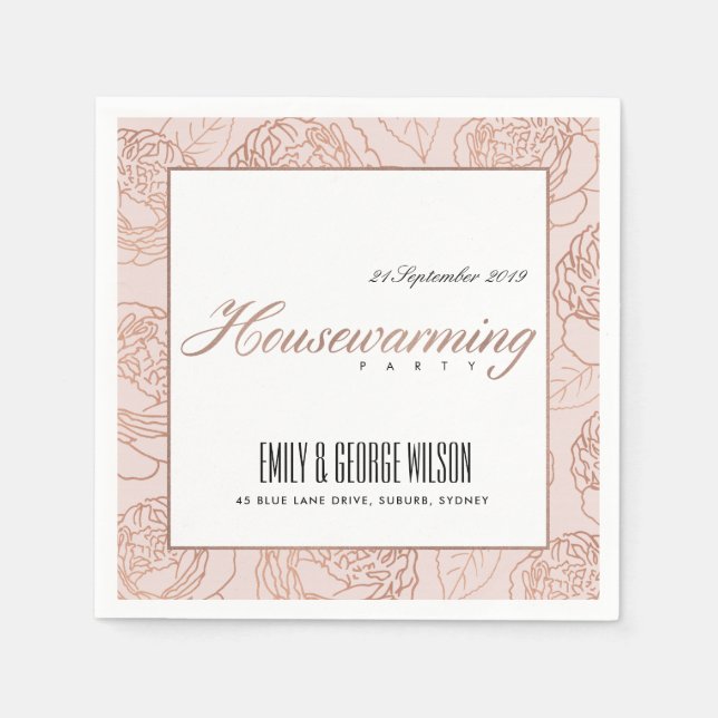 LUXE BLUSH PINK ROSE GOLD FLORAL HOUSEWARMING NAPKINS (Front)