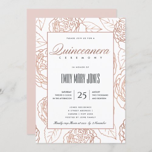 LUXE BLUSH PINK ROSE GOLD FLORAL QUINCEANERA INVITATION