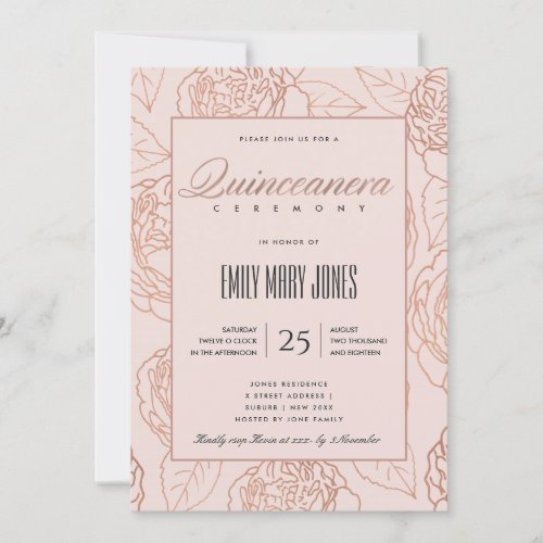 LUXE BLUSH PINK ROSE GOLD FLORAL QUINCEANERA INVITATION