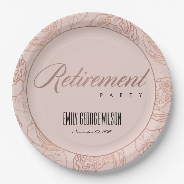 LUXE BLUSH PINK ROSE GOLD FLORAL RETIREMENT PAPER PLATES (Front)