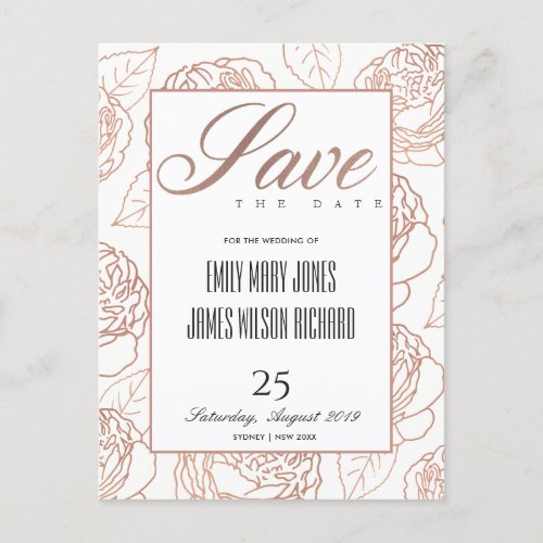 LUXE BLUSH PINK ROSE GOLD FLORAL SAVE OUR DATE ANNOUNCEMENT POSTCARD