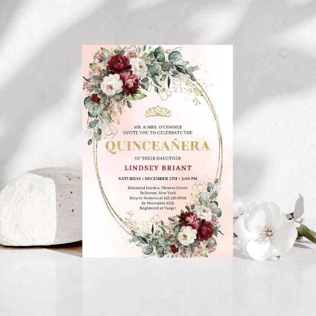 Luxe Bohemian Burgundy Peonies Quinceañera Invites (Luxe Bohemian Burgundy Peonies Quinceañera Invitations)