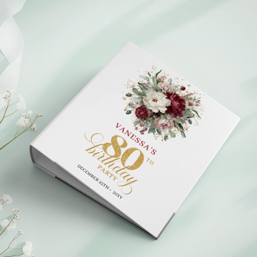 Luxe Boho Burgundy Floral 80th Birthday Ring Binde 3 Ring Binder