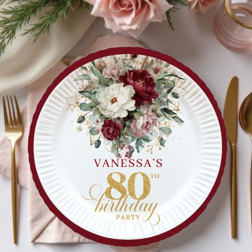 Luxe Boho Burgundy Floral Gold 80th Birthday Paper Plates