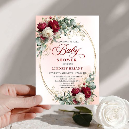 Luxe Boho Maroon Floral Gold Baby Shower Invitatio