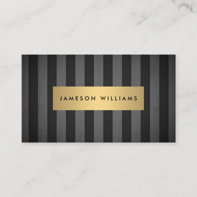 Luxe Bold Black and Gray Stripes with Gold Bar Business Card (Front)