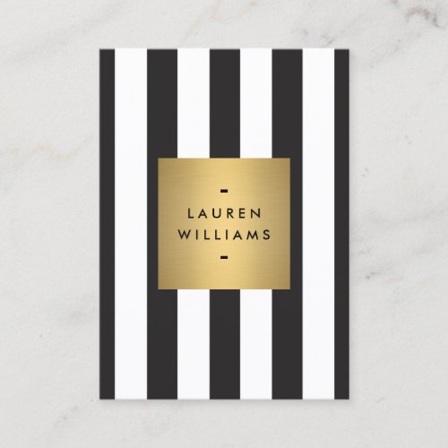 Luxe Bold Black and White Stripes Gold Box Large Business Cards